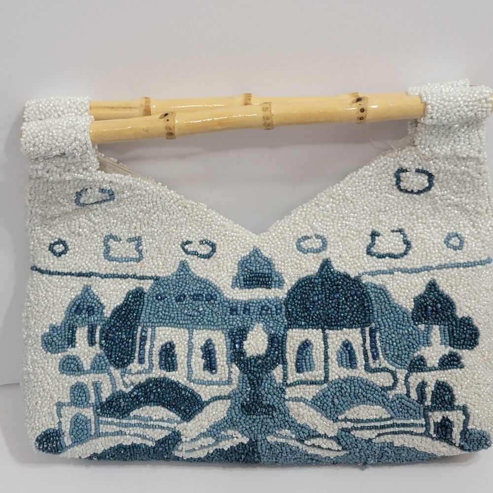 Viral Blue White Santorini Greece Beaded Bamboo Handle Bag Clutch Made India NWT - Picture 3 of 9